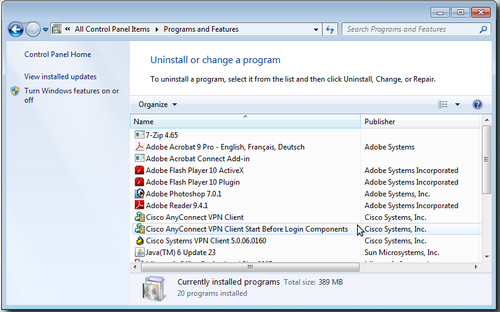 control panel programs and features window in in windows 7