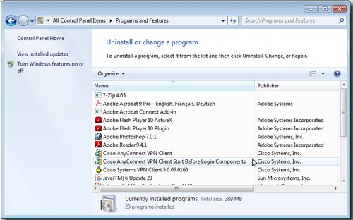 control panel programs and features window in in windows 7